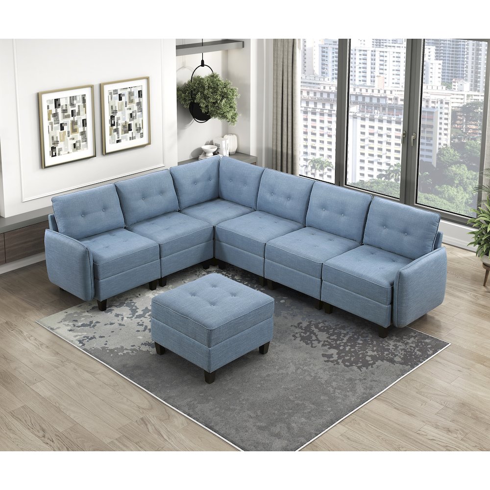 Garren Textured 7-Piece Sectional with Storage and Ottoman in Blue