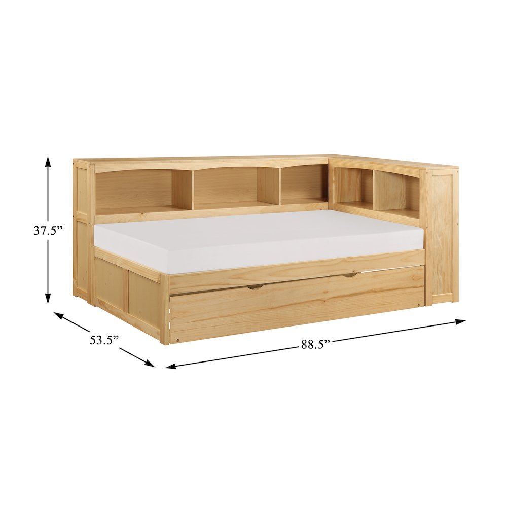 Bartly Pine Twin Bookcase Corner Bed with Twin Trundle in Natural Pine