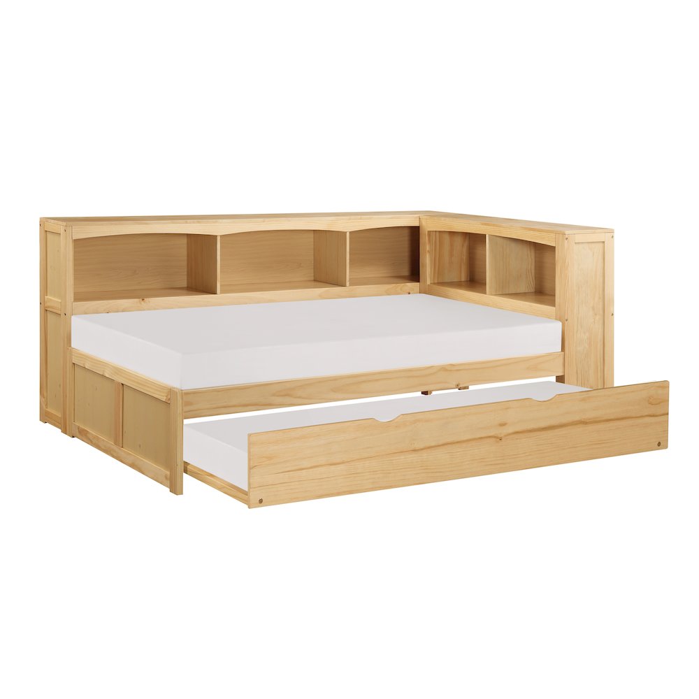 Bartly Pine Twin Bookcase Corner Bed with Twin Trundle in Natural Pine