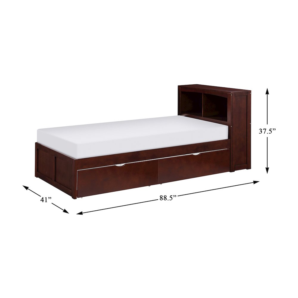 Rowe Pine Twin Bookcase Bed with Storage Boxes in Dark Cherry