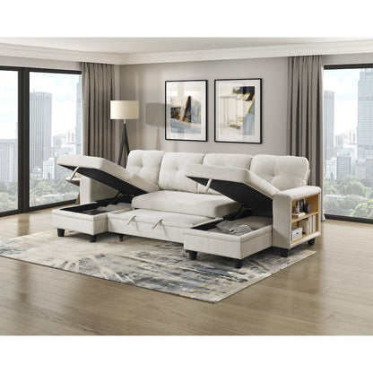 Robinson Boucle Sectional with Two Chaises, Pull-out Bed in Beige