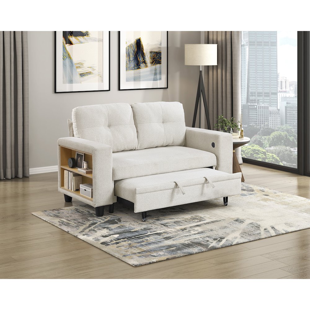 Robinson Boucle Love Seat with Pull-out Bed, Shelves in Beige