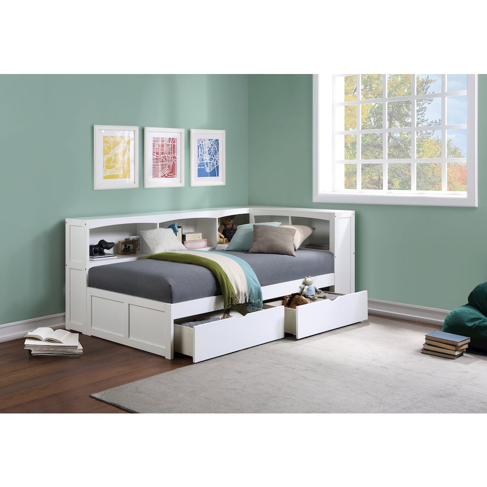 Galen Pine Twin Bookcase Corner Bed with Storage Boxes in White
