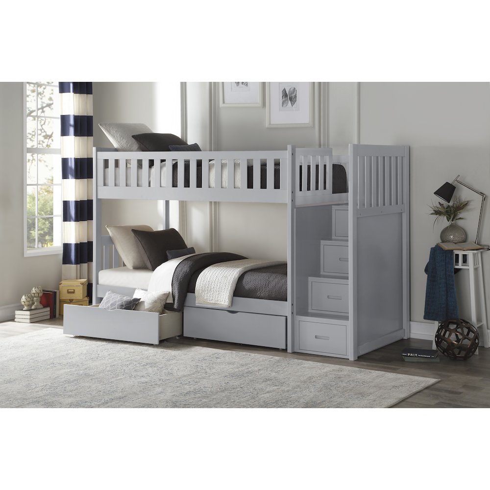 Orion Pine Bunk Bed w/ Reversible Step Storage w/ Storage Boxes in Gray