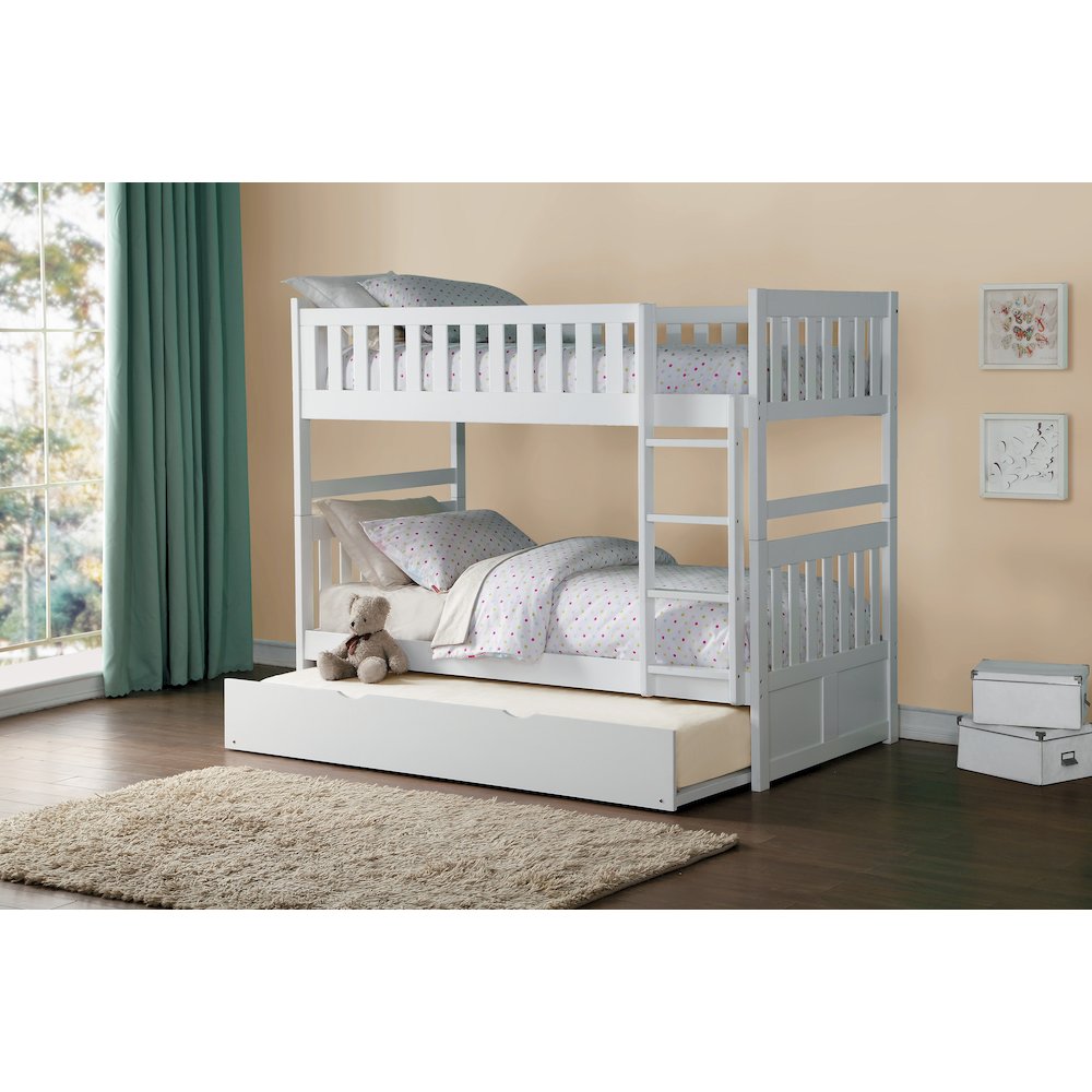 Galen Pine Twin Over Twin Bunk Bed with Trundle Bed in White
