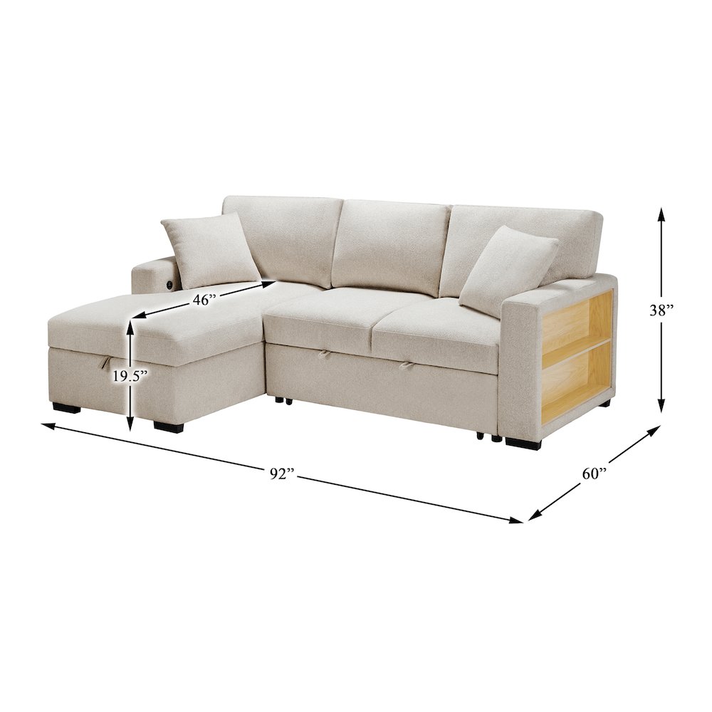 Pompano Boucle Sectional with Right Chaise, Pull-out Bed in Beige