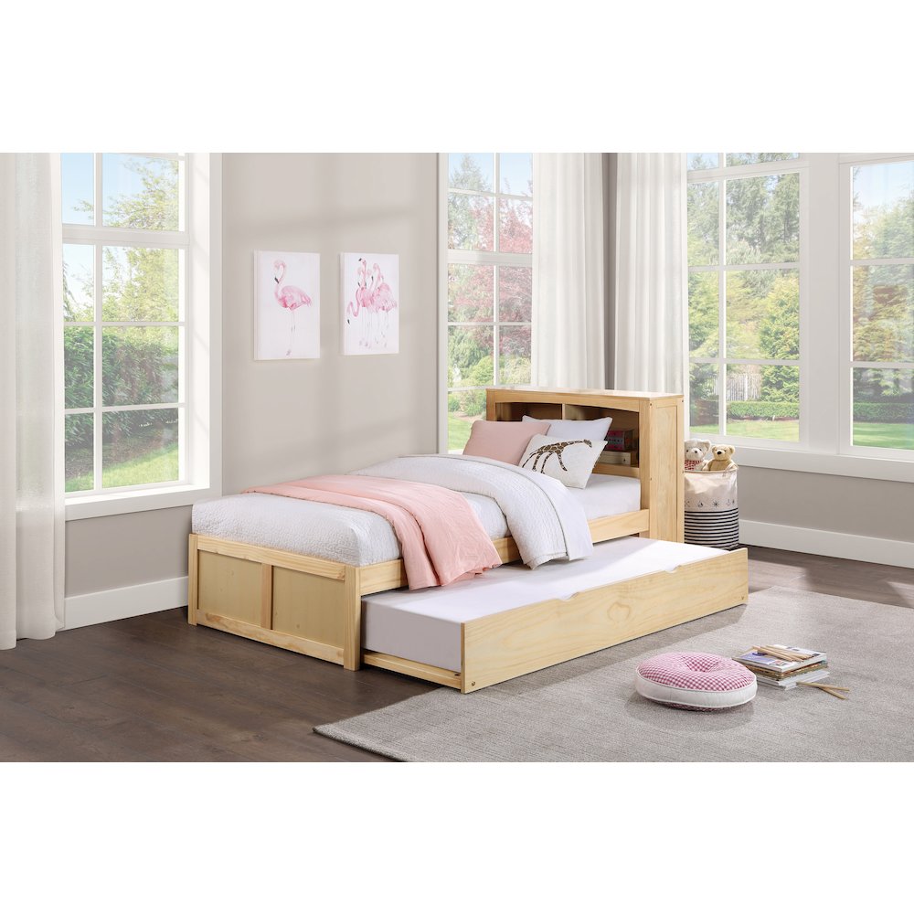 Bartly Pine Twin Bookcase Bed with Twin Trundle in Natural Pine