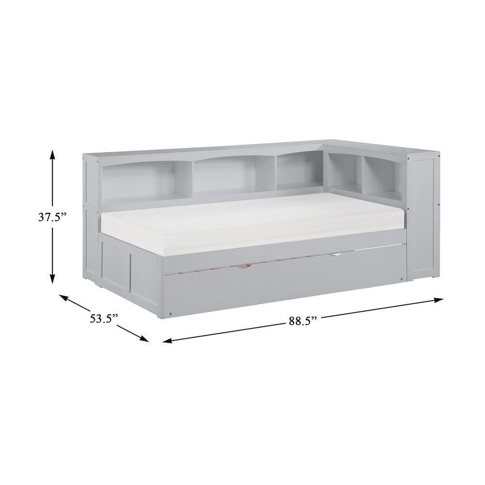 Orion Pine Twin Bookcase Corner Bed with Twin Trundle in Gray