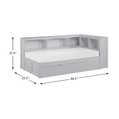 Orion Pine Twin Bookcase Corner Bed with Twin Trundle in Gray