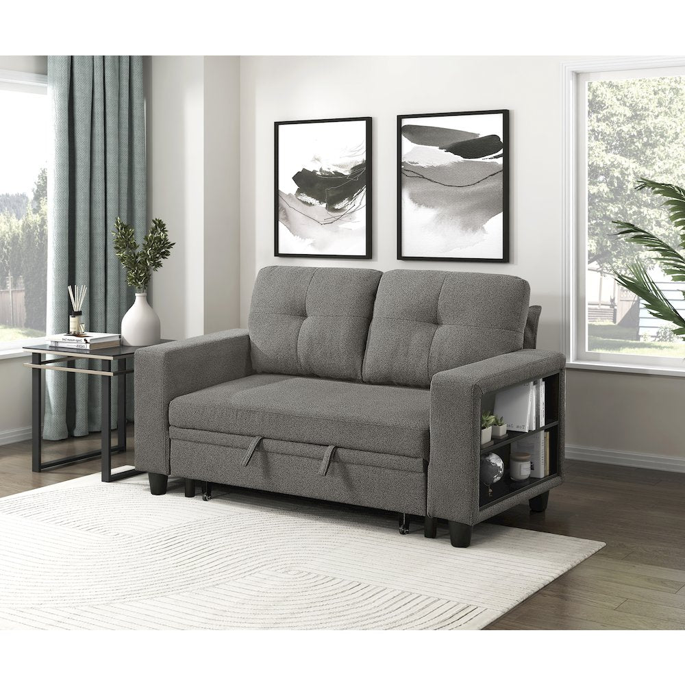 Robinson Boucle Love Seat with Pull-out Bed, Shelves in Dark Brown