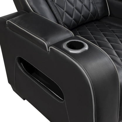 Fairway Faux Leather Power Double Reclining Love Seat in Black