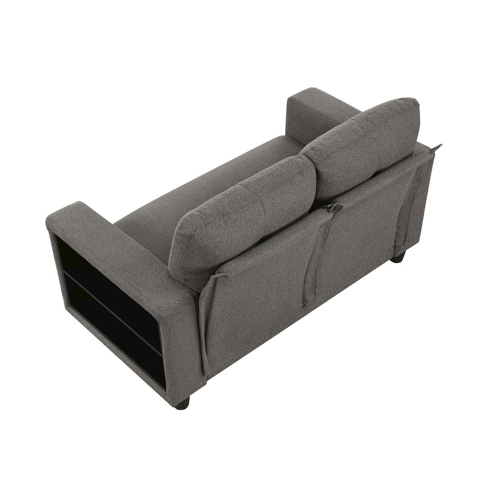 Robinson Boucle Love Seat with Pull-out Bed, Shelves in Dark Brown