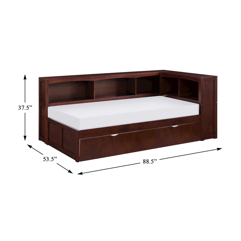 Rowe Pine Twin Bookcase Corner Bed with Twin Trundle in Dark Cherry