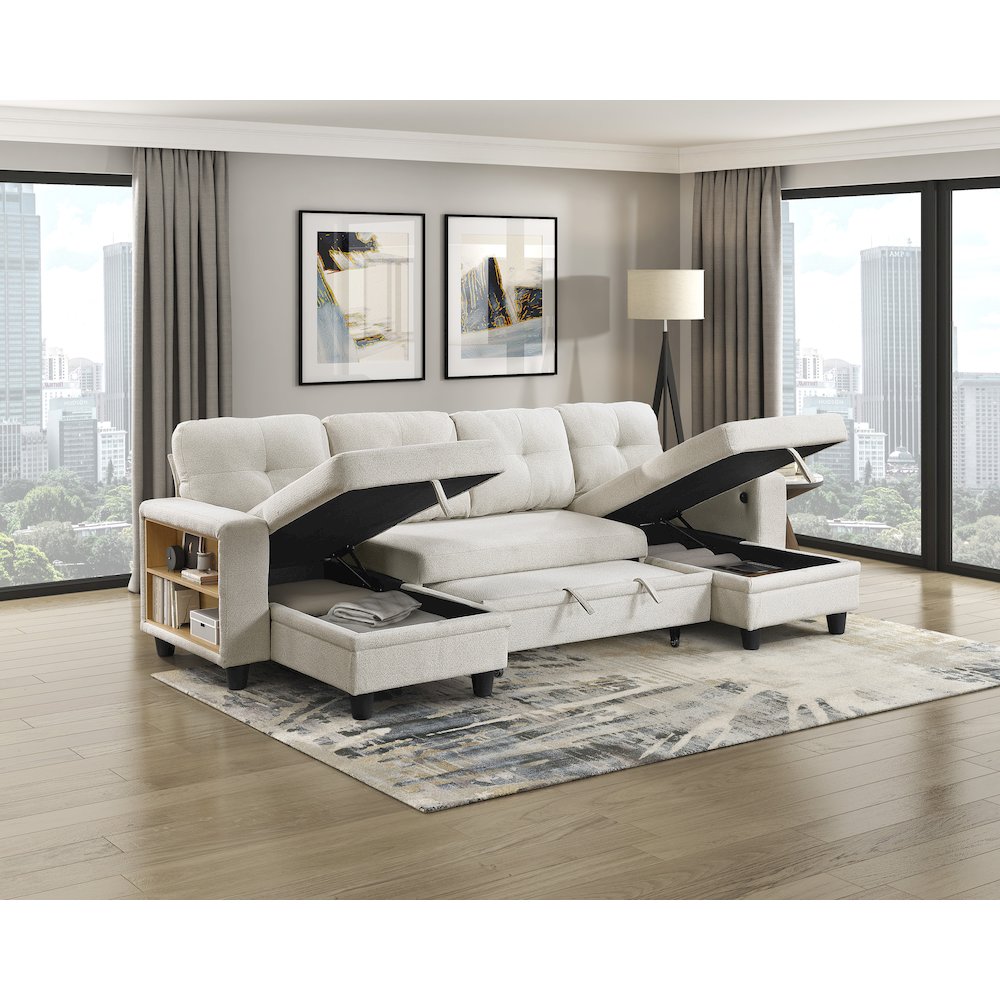 Robinson Boucle Sectional with Two Chaises, Pull-out Bed in Beige