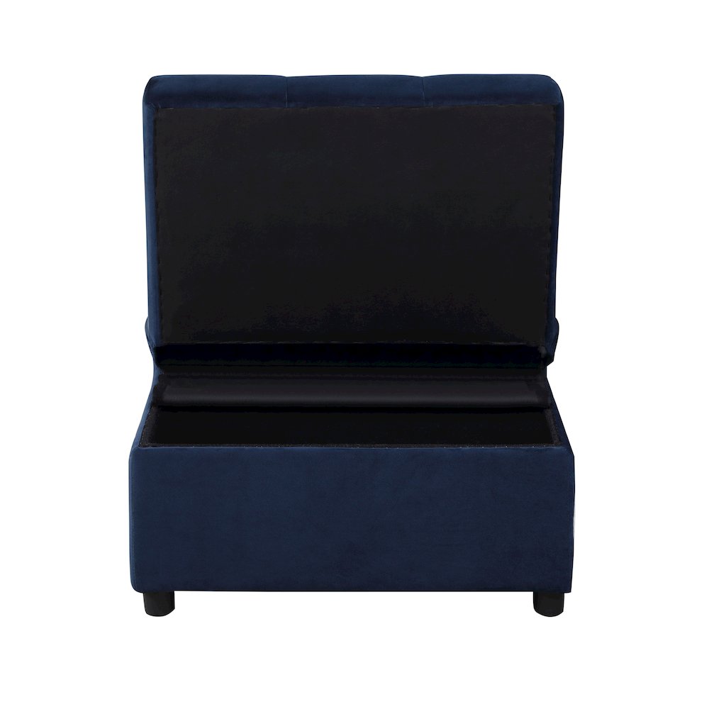 Garrell Velvet Storage Bench with Pull-Out Ottoman in Dark Blue
