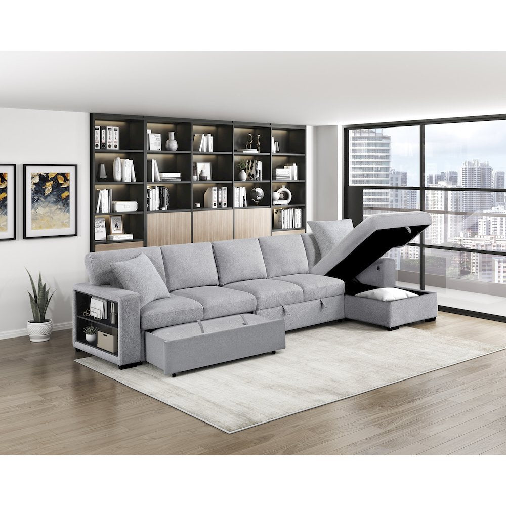 Pompano Boucle Sectional with Right Chaise, Pull-out Bed in Gray