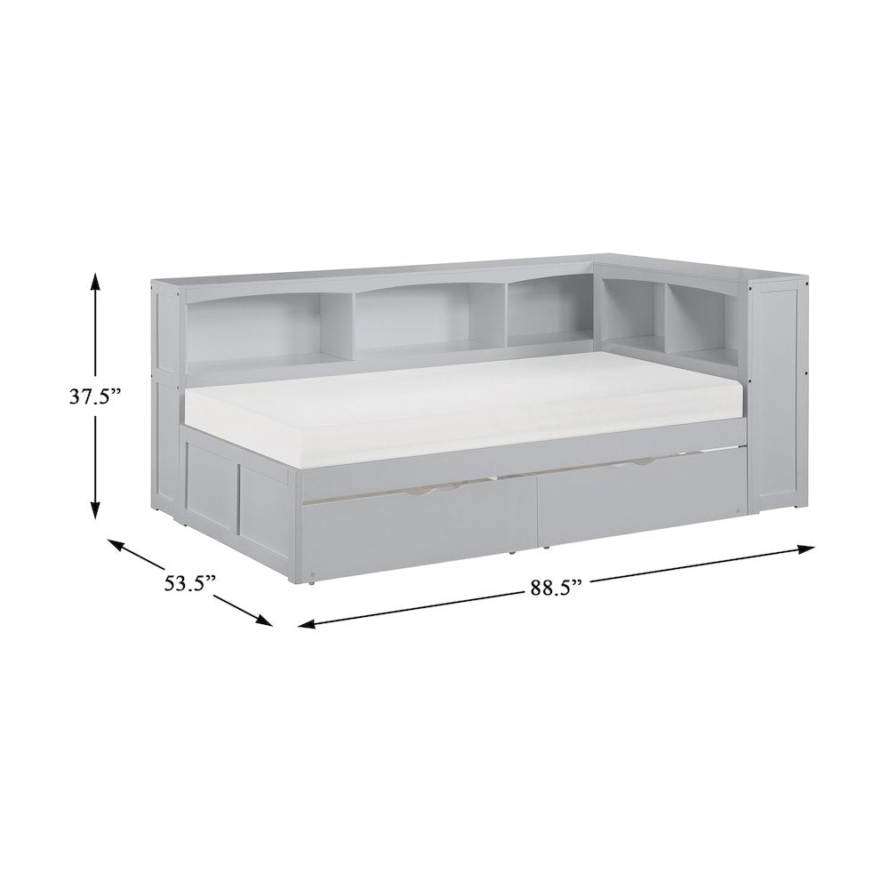Orion Pine Twin Bookcase Corner Bed with Storage Boxes in Gray