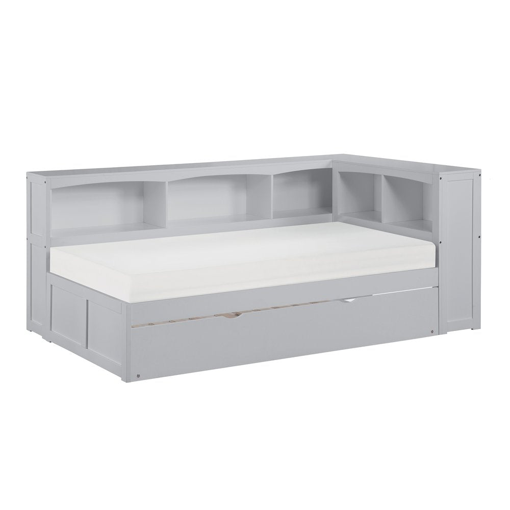 Orion Pine Twin Bookcase Corner Bed with Twin Trundle in Gray