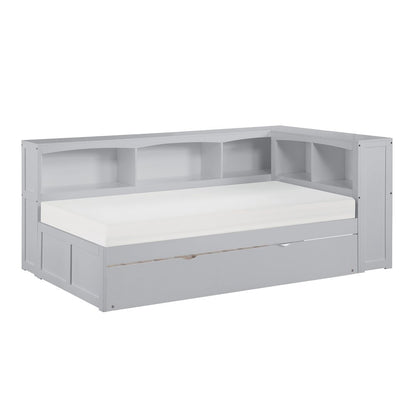 Orion Pine Twin Bookcase Corner Bed with Twin Trundle in Gray