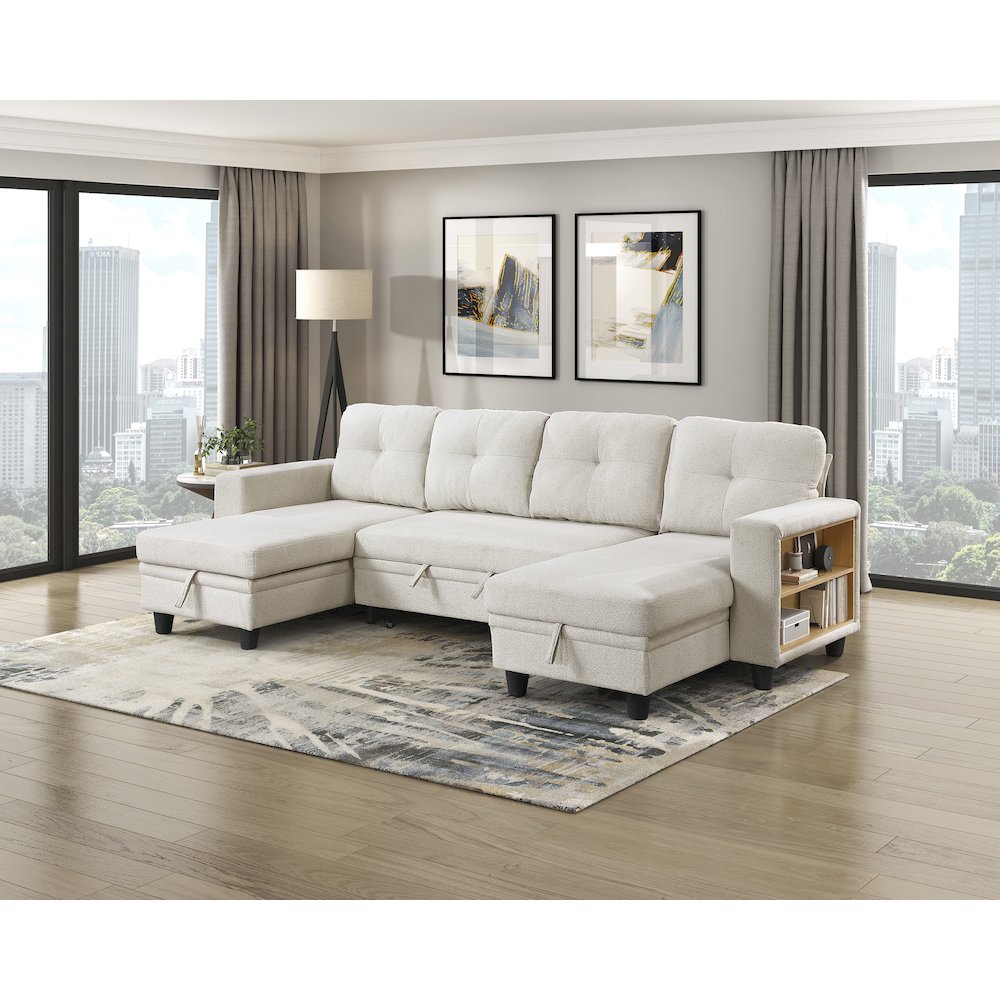 Robinson Boucle Sectional with Two Chaises, Pull-out Bed in Beige