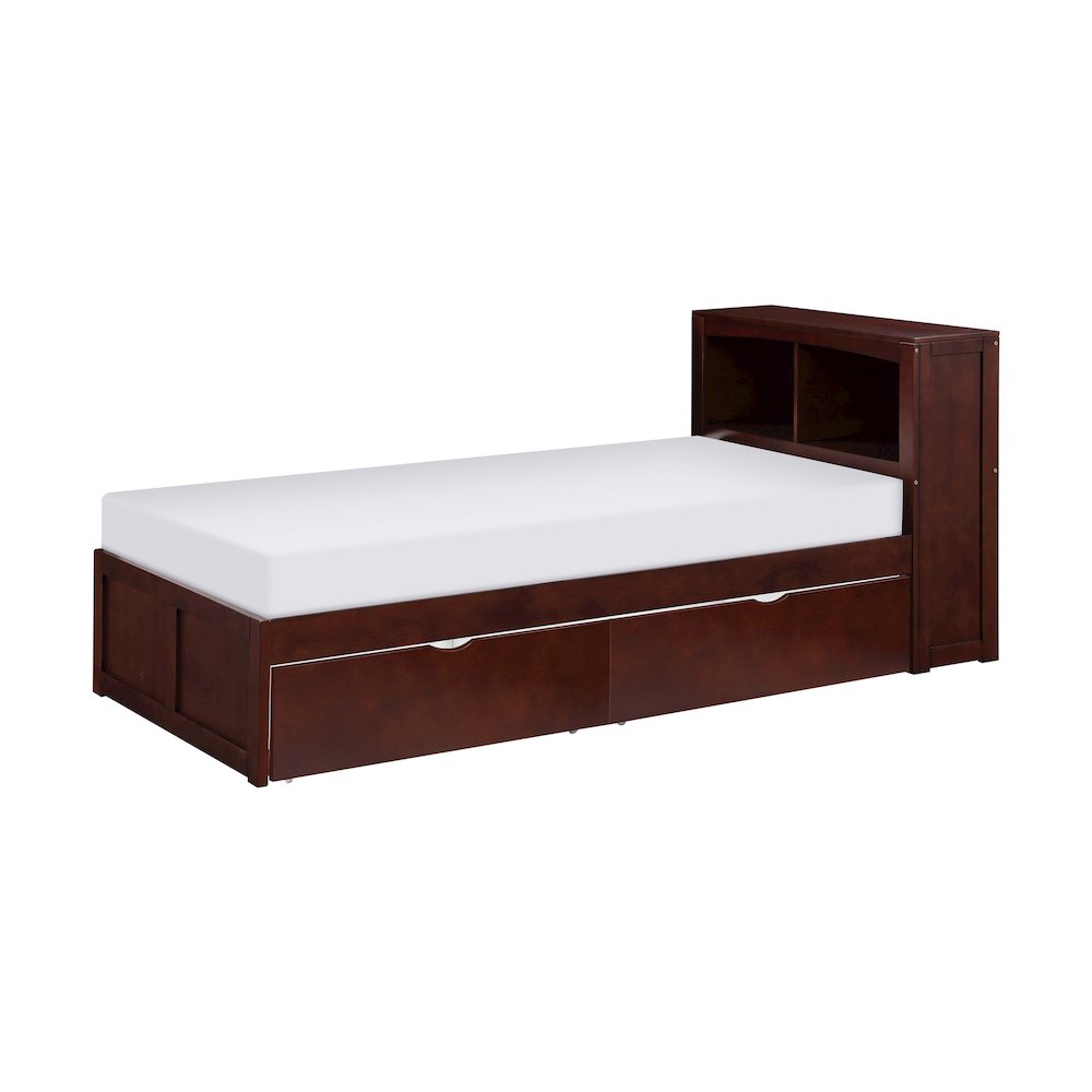 Rowe Pine Twin Bookcase Bed with Storage Boxes in Dark Cherry