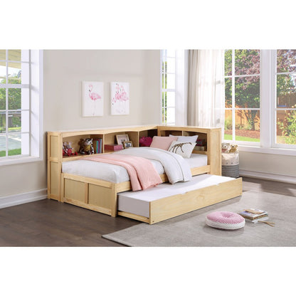 Bartly Pine Twin Bookcase Corner Bed with Twin Trundle in Natural Pine