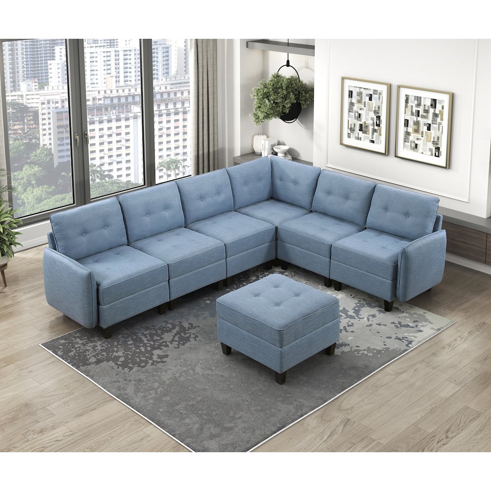 Garren Textured 7-Piece Sectional with Storage and Ottoman in Blue