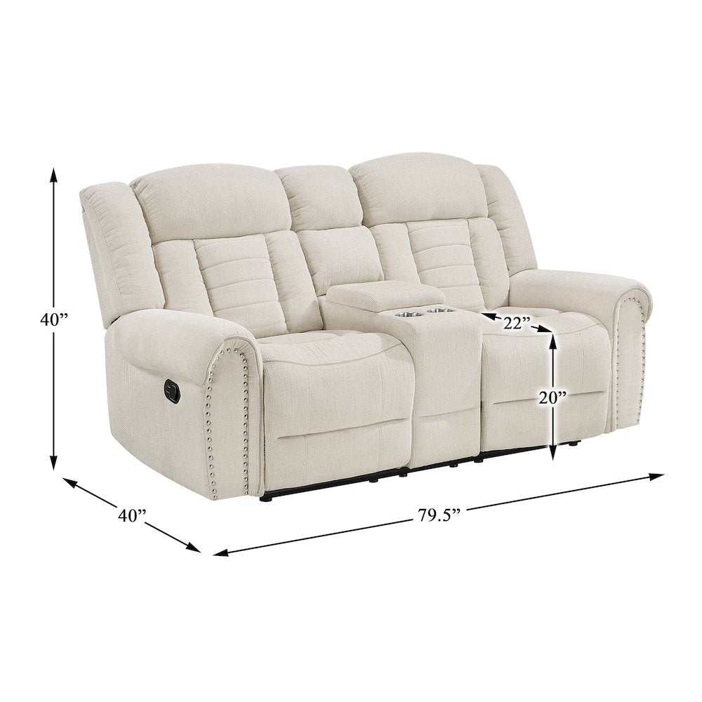 Nutmeg Chenille Double Reclining Love Seat with Center Console in Beige