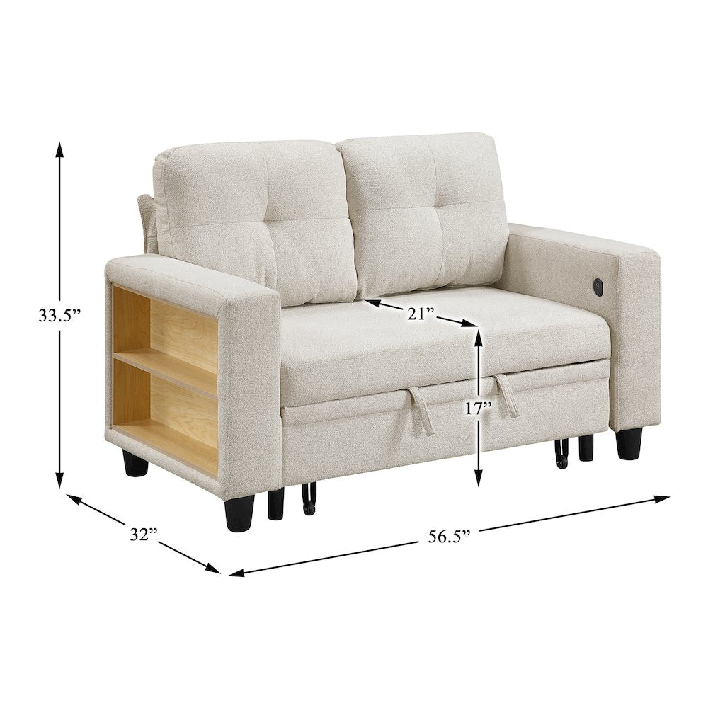 Robinson Boucle Love Seat with Pull-out Bed, Shelves in Beige