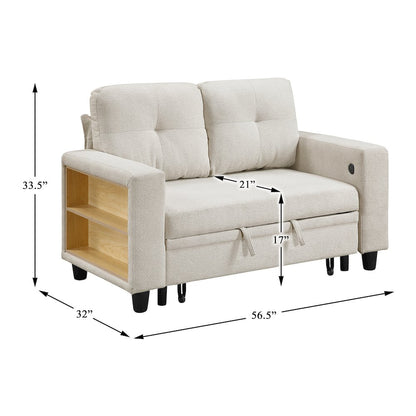 Robinson Boucle Love Seat with Pull-out Bed, Shelves in Beige