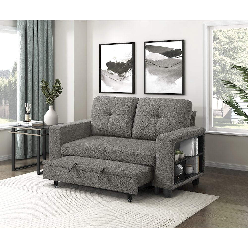 Robinson Boucle Love Seat with Pull-out Bed, Shelves in Dark Brown