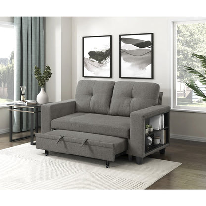 Robinson Boucle Love Seat with Pull-out Bed, Shelves in Dark Brown