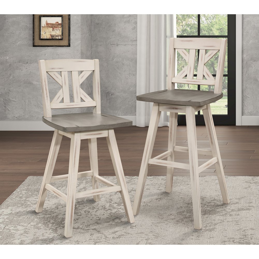 Amsonia Wood Swivel Counter Height Chair, set of 2 in Gray and White