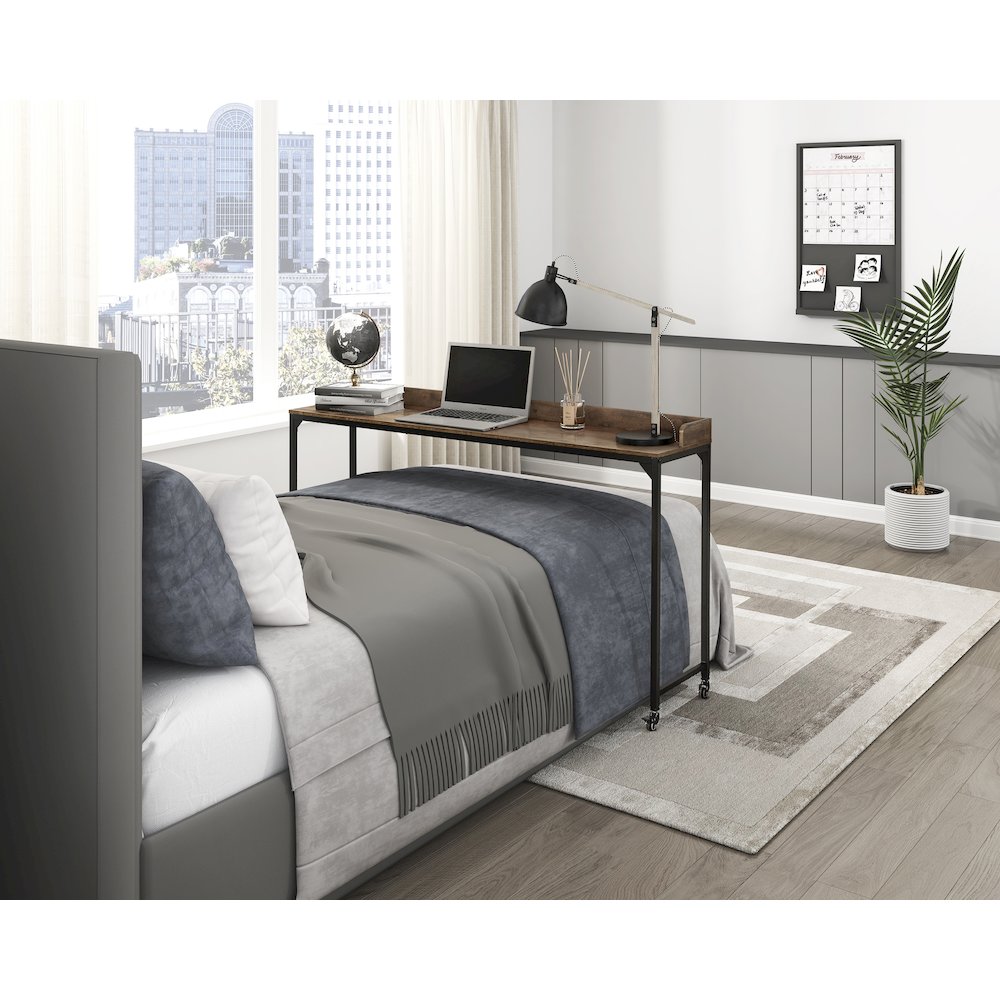 Sumter Faux Wood Over-The-Bed Desk in Rustic and Black Metal Finish