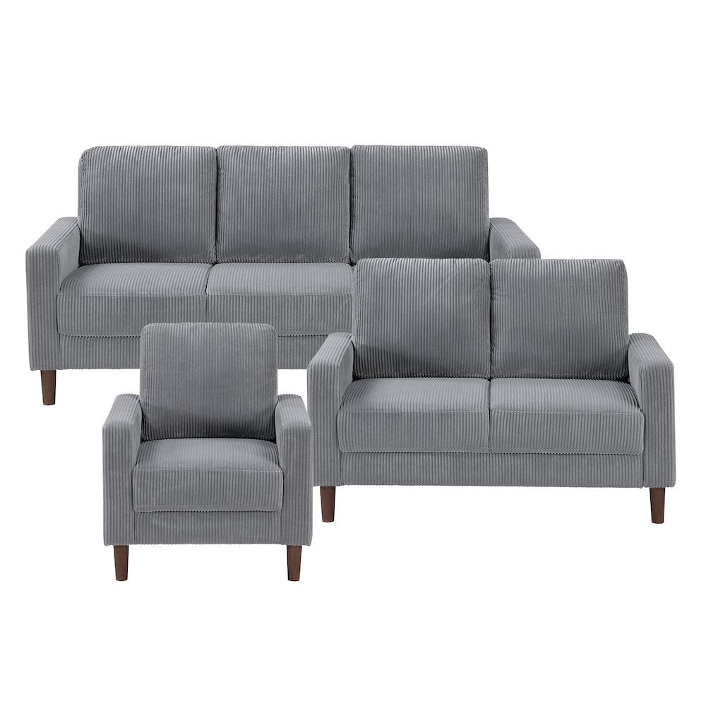 Crandall Corduroy 3pc Set: Sofa, Loveseat, Chair in Gray