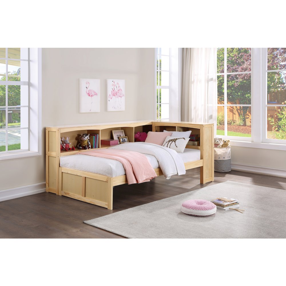 Bartly Pine Twin Bookcase Corner Bed in Natural Pine