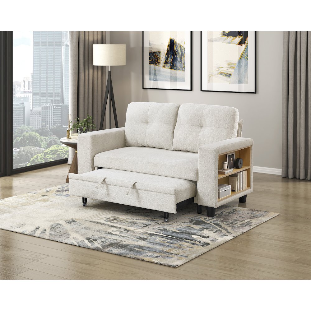 Robinson Boucle Love Seat with Pull-out Bed, Shelves in Beige