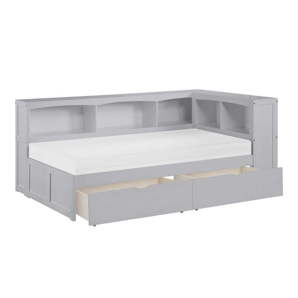 Orion Pine Twin Bookcase Corner Bed with Storage Boxes in Gray