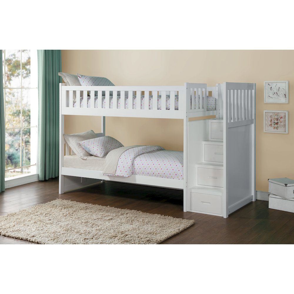 Galen Pine Bunk Bed with Reversible Step Storage in White