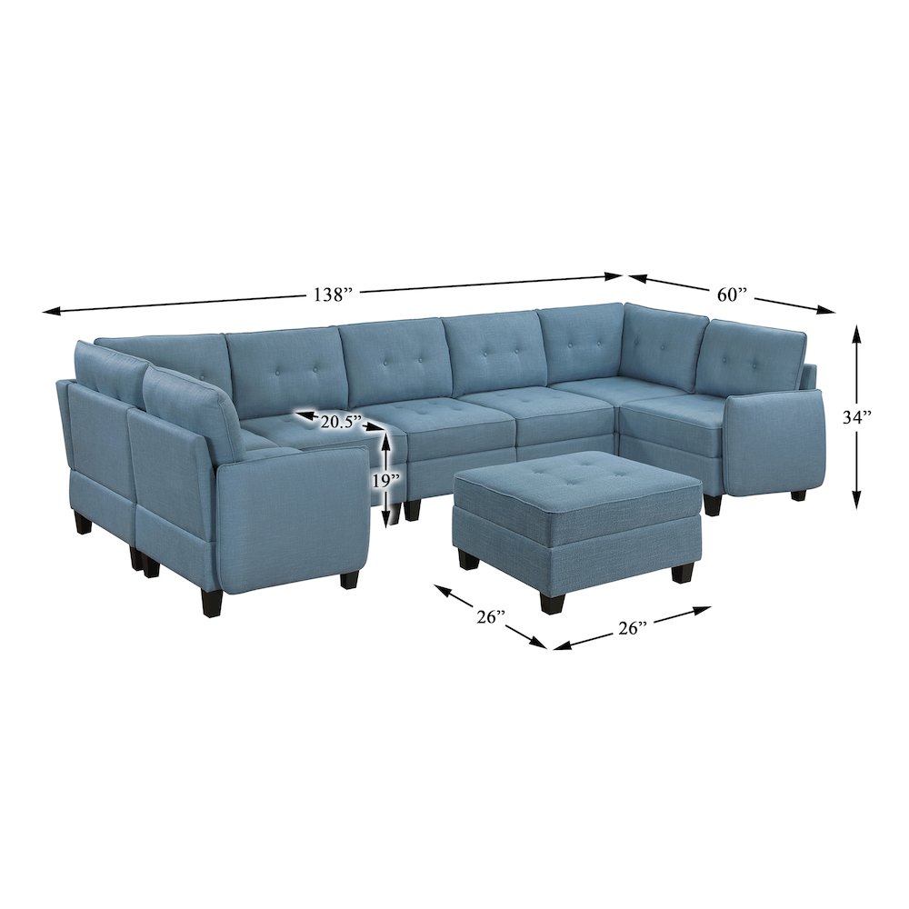Garren Textured 8-Piece Sectional with Storage and Ottoman in Blue