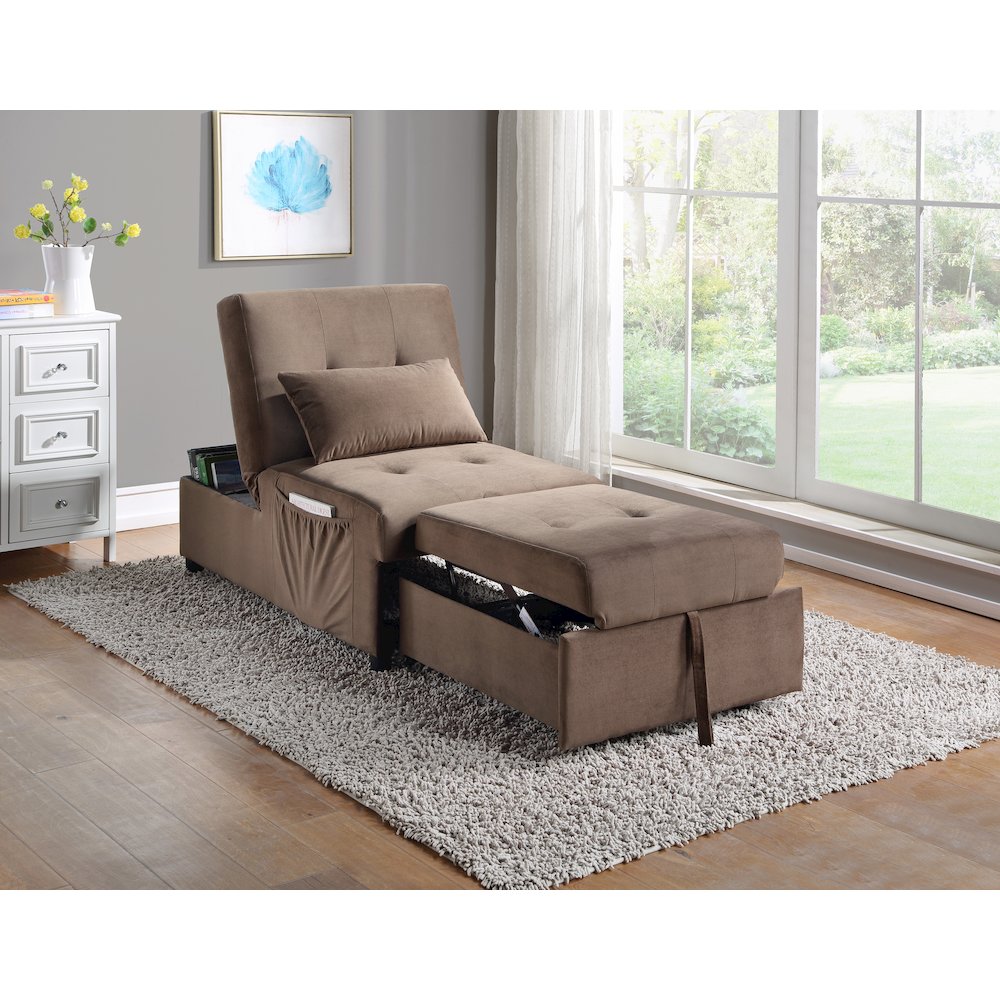 Garrell Velvet Storage Bench with Pull-Out Ottoman in Brown