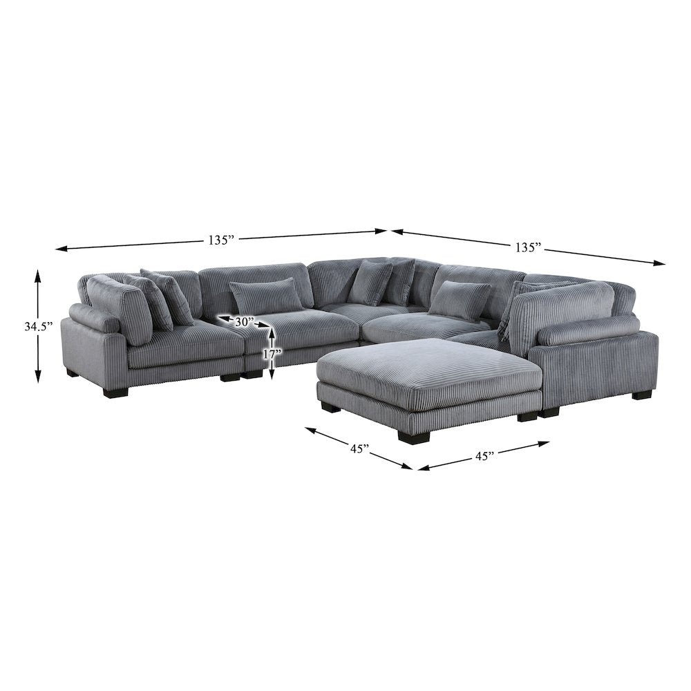 Traverse Corduroy 6-Piece Modular Sectional with Ottoman in Gray