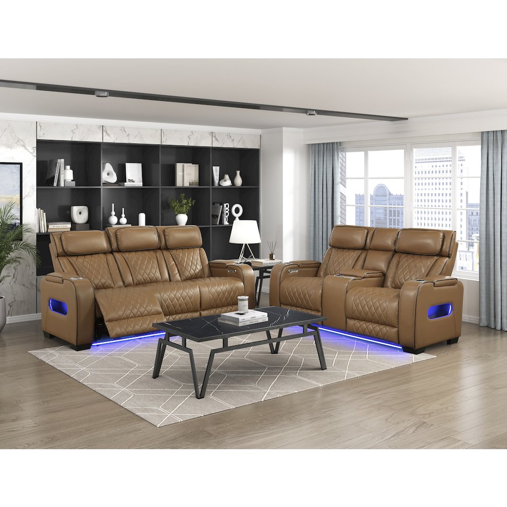 Fairway Faux Leather Power Double Reclining Sofa in Brown