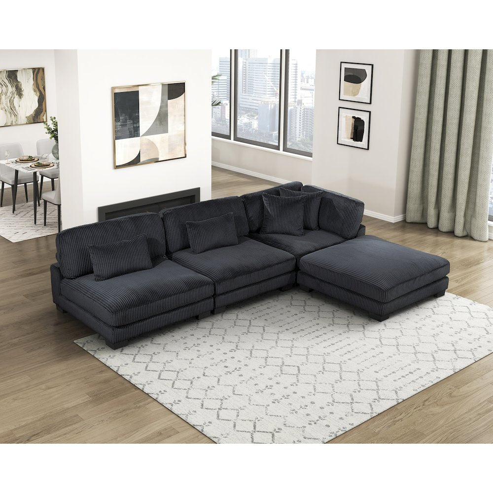 Traverse Corduroy 4-Piece Modular Sectional with Ottoman in Black