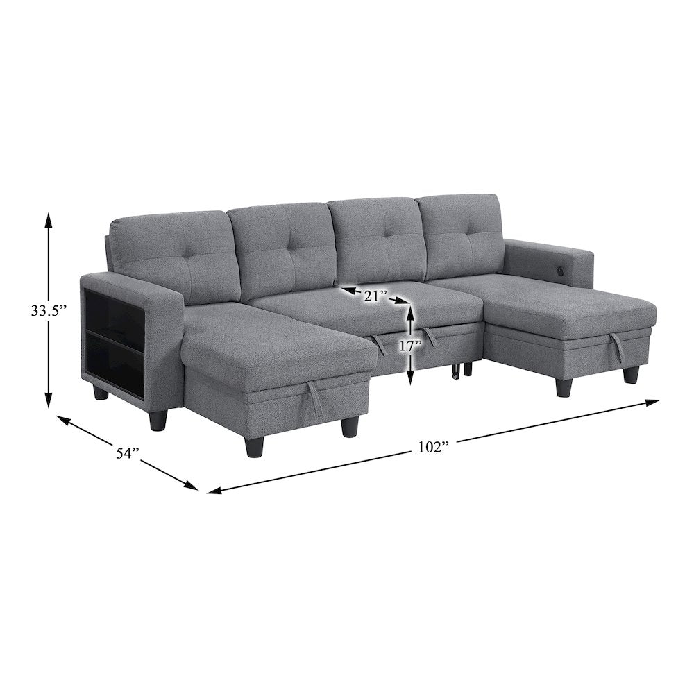 Robinson Boucle Sectional with Two Chaises, Pull-out Bed in Gray