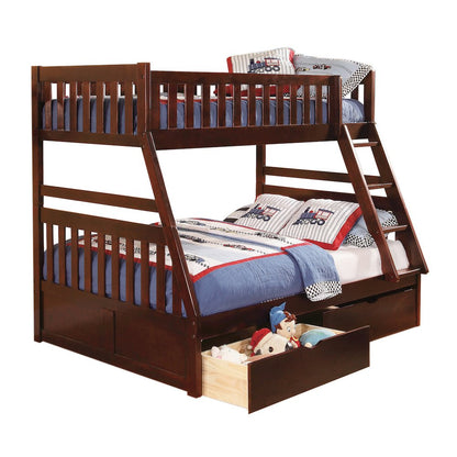 Rowe Pine Twin Over Full Bunk Bed with Storage Boxes in Dark Cherry