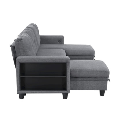 Robinson Boucle Sectional with Two Chaises, Pull-out Bed in Gray