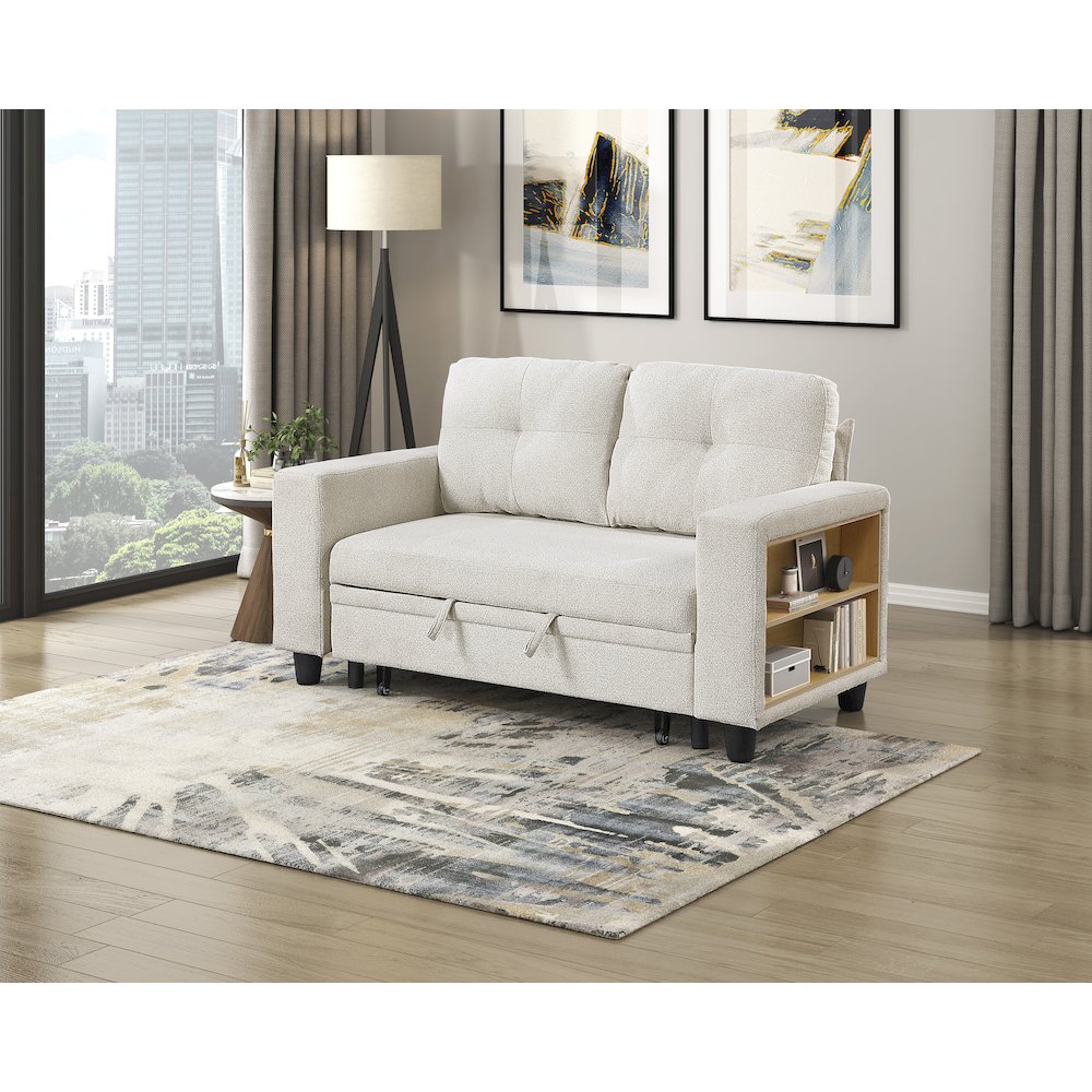Robinson Boucle Love Seat with Pull-out Bed, Shelves in Beige