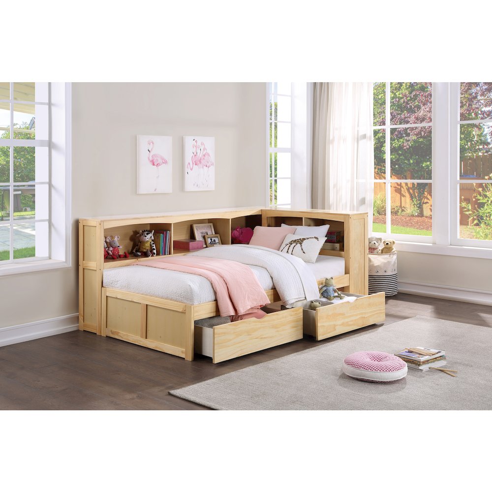 Bartly Pine Twin Bookcase Corner Bed with Storage Boxes in Natural Pine