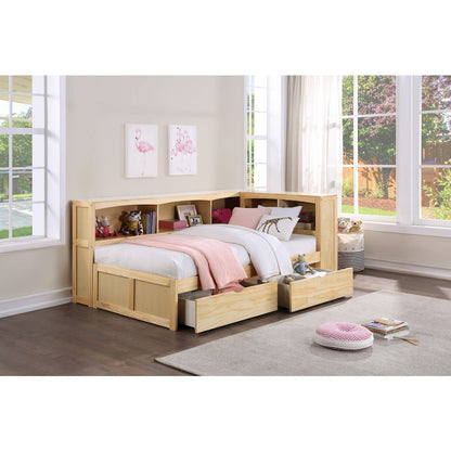 Bartly Pine Twin Bookcase Corner Bed with Storage Boxes in Natural Pine